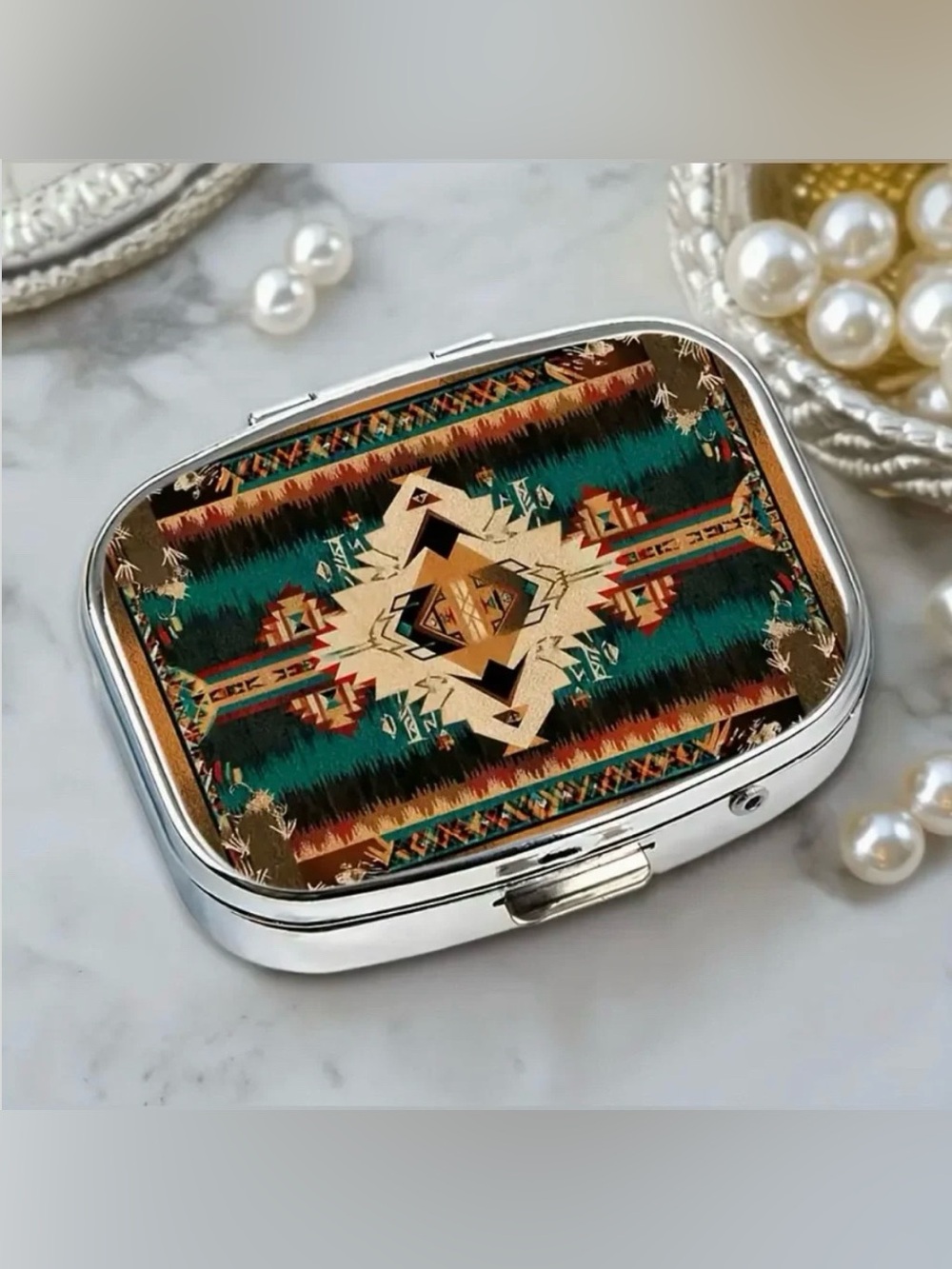 Southwestern Aztec Inspired Pill Organizer 2-Compartment Compact Pill Case New
